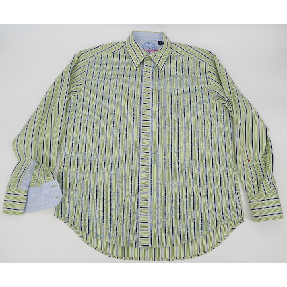 Robert Graham Mens XL Print Flip Cuff Green Blue Embroidered Geometric Shirt
